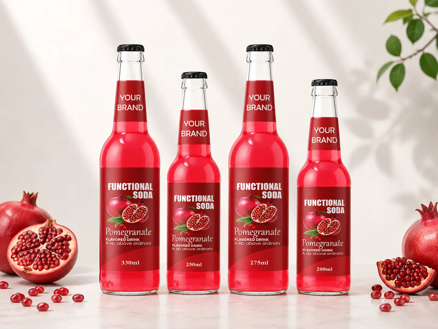 FUNCTIONAL SODA Pomegranate Flavored Drink in 200ml, 250ml, 275ml and 330ml glass bottles.